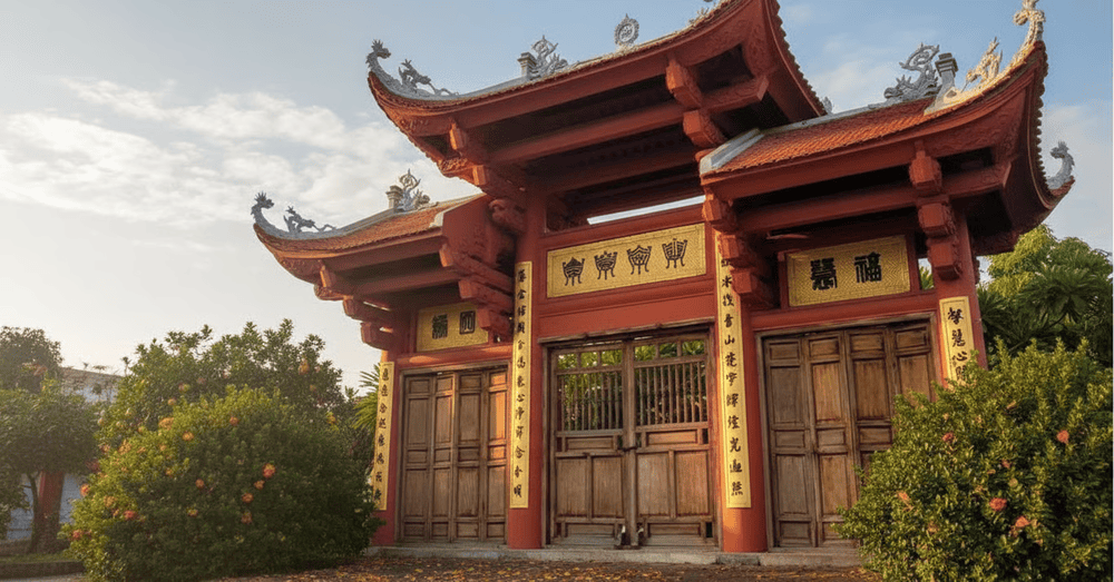 Ch&ugrave;a Thi&ecirc;n Ni&ecirc;n nổi bật với gỗ sơn son v&agrave; t&ecirc;n tự được viết bằng chữ Triện